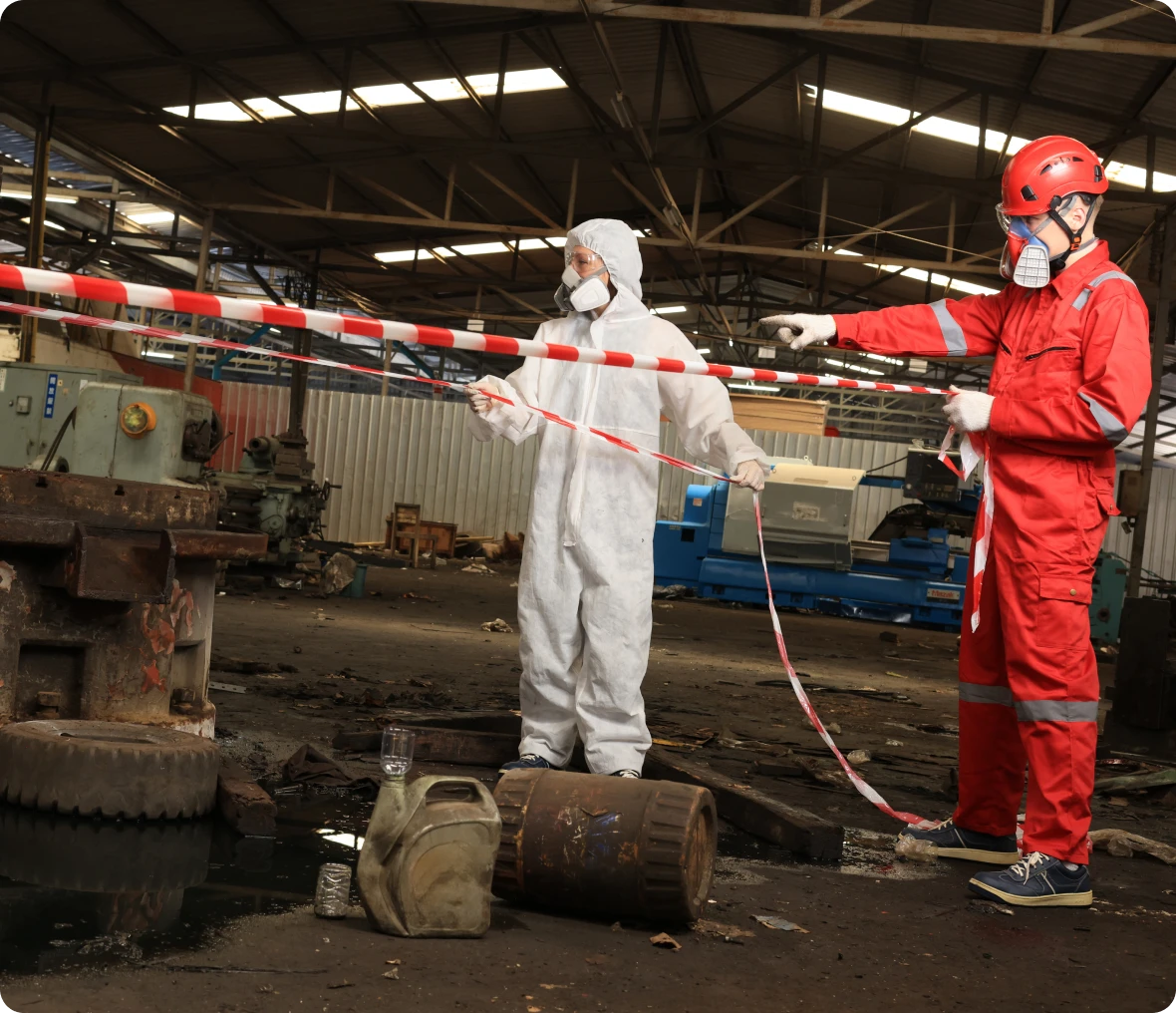 Workers in protective gear cordon off area